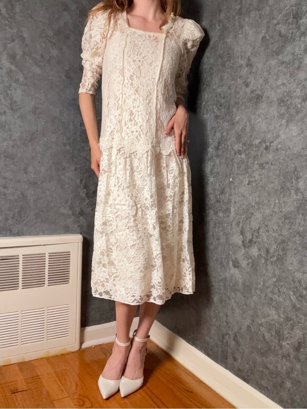 Vintage 1980s Cache Lace Drop-Waist Wedding Dress — Size Medium